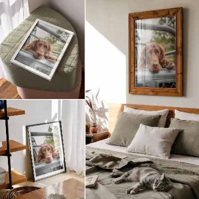 Eleganten plakat za dnevno sobo rjavi pes ob vozilu z zelenimi drevesi