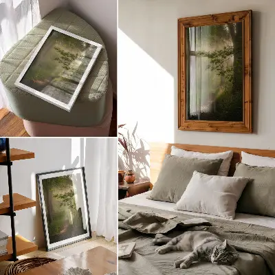 Premium stenski plakat zeleni listi s snopom svetlobe na gozdni poti