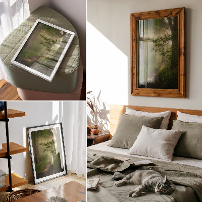 Premium stenski plakat Zeleni listi, snop svetlobe, gozdna pot