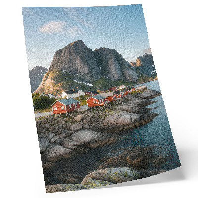 Premium stenski plakat Rdeče hiše fjord gore sončni zahod