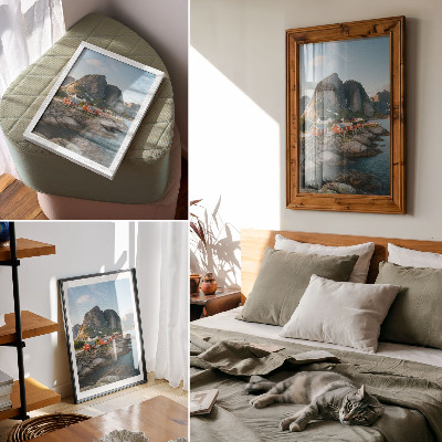 Premium stenski plakat Rdeče hiše fjord gore sončni zahod