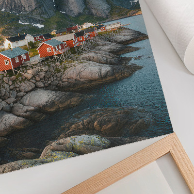 Premium stenski plakat Rdeče hiše fjord gore sončni zahod