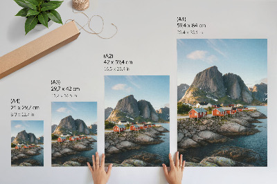 Premium stenski plakat Rdeče hiše fjord gore sončni zahod