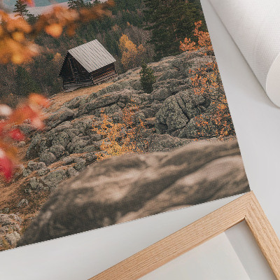 Plakat Hiša na skali med drevesi jeseni, mirna narava