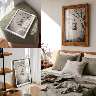 Plakat za dnevno sobo z motivom črno-belega drevesa in ptičje kletke