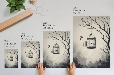 Plakat za dnevno sobo z motivom črno-belega drevesa in ptičje kletke