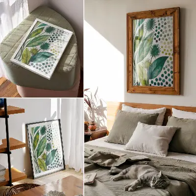 Eleganten plakat za dnevno sobo z motivom zelenih listov in pik v boho stilu