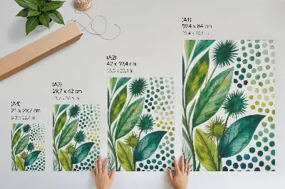 Eleganten plakat za dnevno sobo z motivom zelenih listov in pik v boho stilu