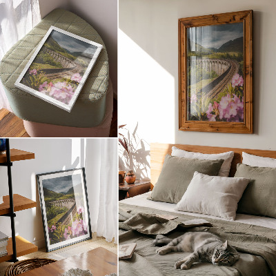 Eleganten plakat za dnevno sobo Kamniti viadukt zeleni griči pastelne rože