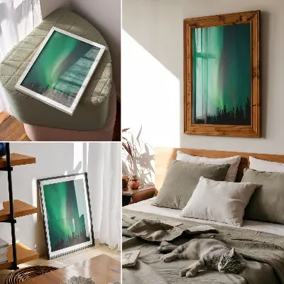 Plakat aurora z zelenimi drevesi in čarobno nočno naravo