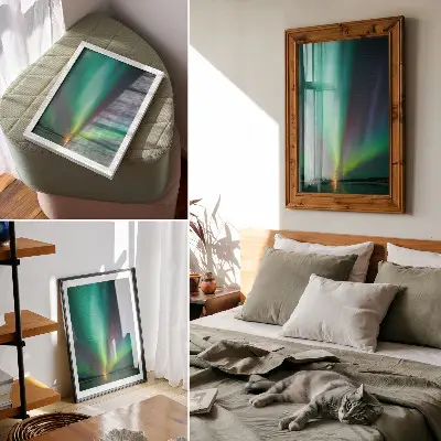 Plakat za dnevno sobo aurora borealis nad nočno pokrajino s polno zvezdami