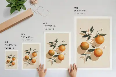 Stenski plakat sočne pomaranče z zelenimi listi in belimi cvetovi
