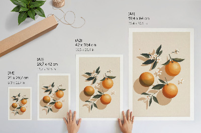 Premium stenski plakat Sočne pomaranče, zeleni listi, beli cvetovi
