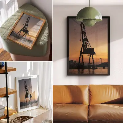 Eleganten plakat za dnevno sobo silhueta industrijskega žerjava na mostu ob sončnem zahodu