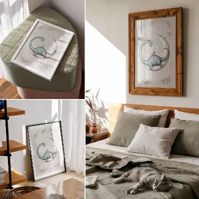 Eleganten plakat za dnevno sobo dinozaver na luni s pastelnimi zvezdami v vesolju