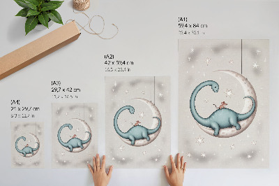 Eleganten plakat za dnevno sobo Dinozaver na luni, zvezde, pastelni prostor