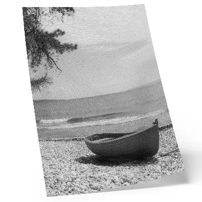 Eleganten plakat za dnevno sobo čoln na plaži z valovi in mirnim nebom