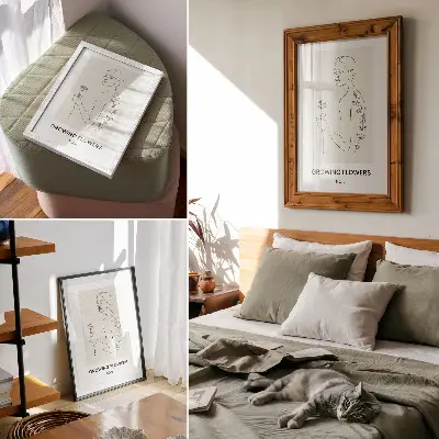 Premium stenski plakat črtna risba z osebo in cvetjem v minimalističnem in elegantnem slogu