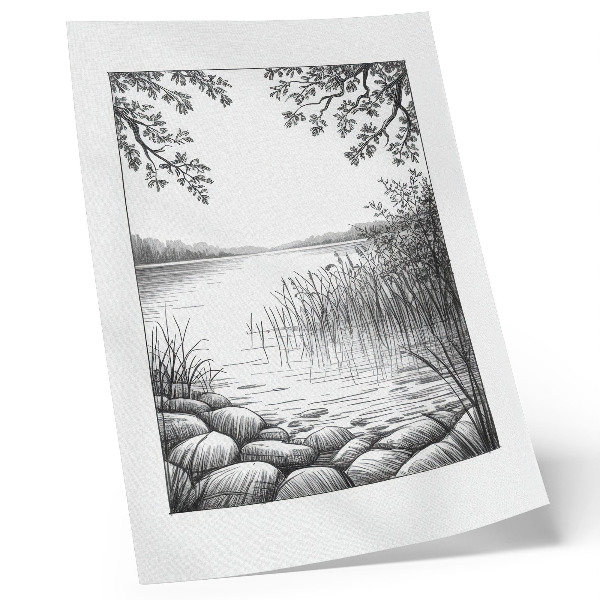 Plakat Pokrajina jezero listje kamni harmonija tišina