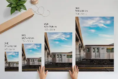 Eleganten plakat za dnevno sobo vlak na sodobnem mostu v nebesno modri barvi z motivom mačke