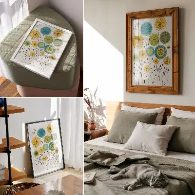 Plakat z barvitimi krogi in tankimi črtami v modernem slogu