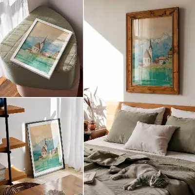 Plakat akvarel cerkve v gorah z motivom mirne narave