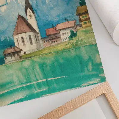 Plakat akvarel cerkve v gorah z motivom mirne narave