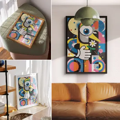 Eleganten plakat za dnevno sobo z motivom geometrijske abstrakcije v živih barvah s kontrasti