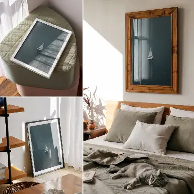 Premium stenski plakat jahta na mirnem morju z minimalistično kompozicijo