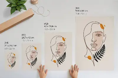 Minimalističen plakat z motivom obraza in lista elegantna dekoracija za dnevno sobo