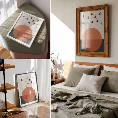 Plakat ptice v letu z minimalističnim oranžnim krogom