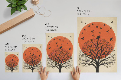 Premium stenski plakat Minimalistični slog motiva sonca v obliki drevesa s pticami