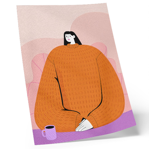 Premium stenski plakat Grafika lika v oranžnem puloverju na roza ozadju