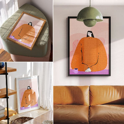 Premium stenski plakat Grafika lika v oranžnem puloverju na roza ozadju
