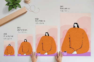 Premium stenski plakat Grafika lika v oranžnem puloverju na roza ozadju