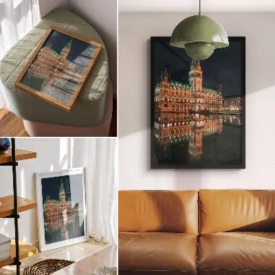 Eleganten plakat za dnevno sobo klasična arhitektura v odsevu večerne svetlobe