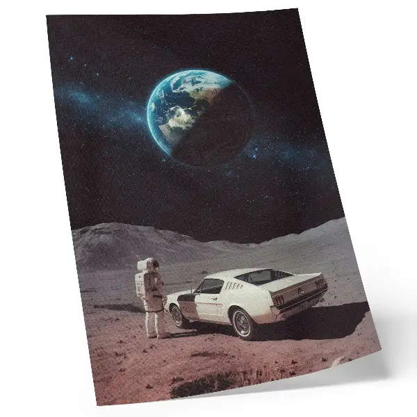 Umetniški tisk na platno astronavt na luninem vozilu z Zemljo in zvezdami