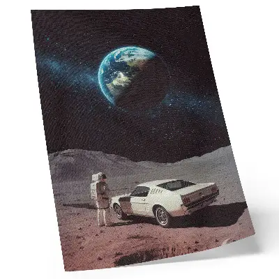 Umetniški tisk na platno astronavt na luninem vozilu z Zemljo in zvezdami