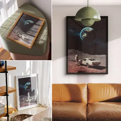 Umetniški tisk na platno astronavt na luninem vozilu z Zemljo in zvezdami