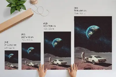 Umetniški tisk na platno astronavt na luninem vozilu z Zemljo in zvezdami