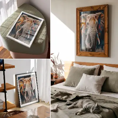 Stenski plakat barvita silhueta slona z modernimi poudarki in nadrealističnim pridihom