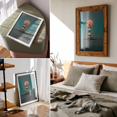 Premium stenski plakat Svetilnik in luna nad morjem ob sončnem zahodu