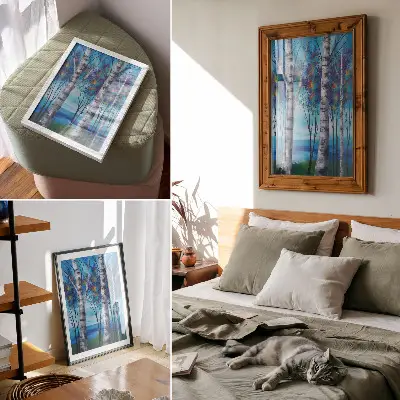 Premium stenski plakat z motivom barvitih brez z modrim ozadjem in toplimi poudarki