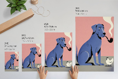 Eleganten plakat za dnevno sobo Modri ​​pes z roza ozadjem v obliki kokoši