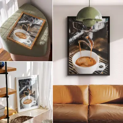 Plakat izrazita pijača na beli skodelici z modernim dizajnom