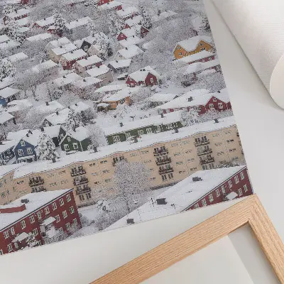 Plakat barvite hiše v zimskem gorskem okolju z motivom narave