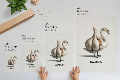 Eleganten plakat za dnevno sobo Labod v kombinaciji s česnovim nadrealizmom