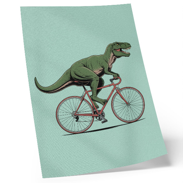 Umetniški tisk na platno Zeleni dinozaver na kolesu na turkiznem ozadju