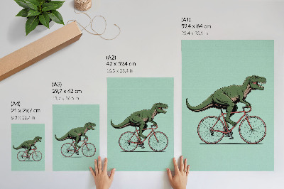 Umetniški tisk na platno Zeleni dinozaver na kolesu na turkiznem ozadju