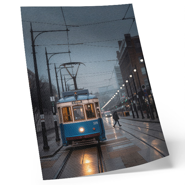 Eleganten plakat za dnevno sobo Modri tramvaj deževen dan mestno življenje